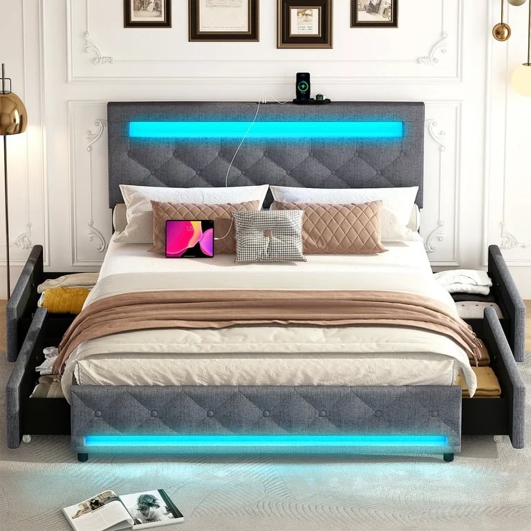 Never Used Queen LED Bed Frame with 4 Storage Drawers, 2 USB Ports