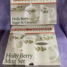 Holly Berry Porcelain Mug Set & Creamer and Sugar Bowl All W/22kt Gold Trim