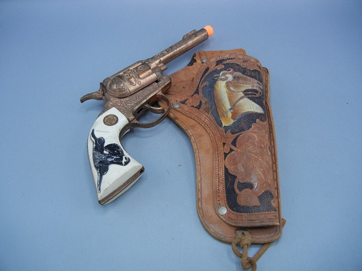 Vintage Hubley Texan Jr. Diecast Toy Cap Gun GOLD WASH Black Steer Grips Holster
