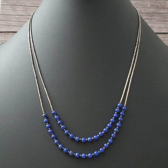 Sterling Silver 925 Lapis Lazuli Beaded Multistrand Necklace