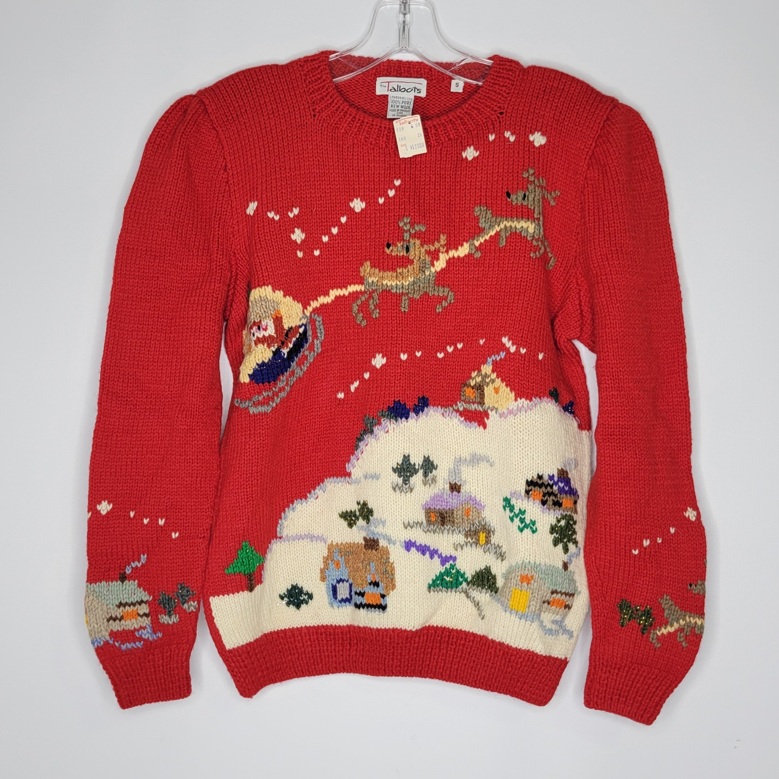 Vintage The Talbots Small Red Handknitted Wool Christmas Sweater Santa Reindeer
