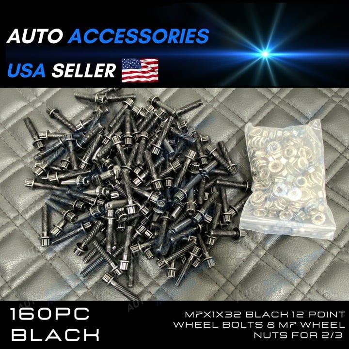 160pcs M7x1x32 Black 12 Point Wheel Bolts & M7 Wheel Nuts for 2/3