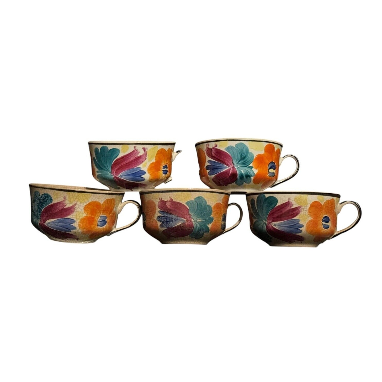 Peasant Mugs (5) Art Industry Antique Pottery Floral Tea Coffee Service READ