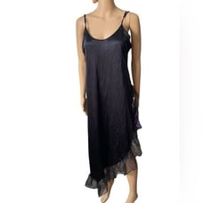Lady Cameo Vintage 80s Plus Size Black Asymmetrical High Slit Ruffle Slip Dress