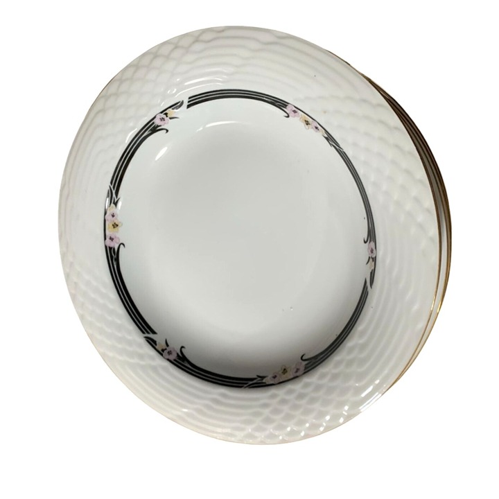 China Pearl Alexandrite Rim Rimmed Soup Bowl 1986 Floral Black White Set of 7
