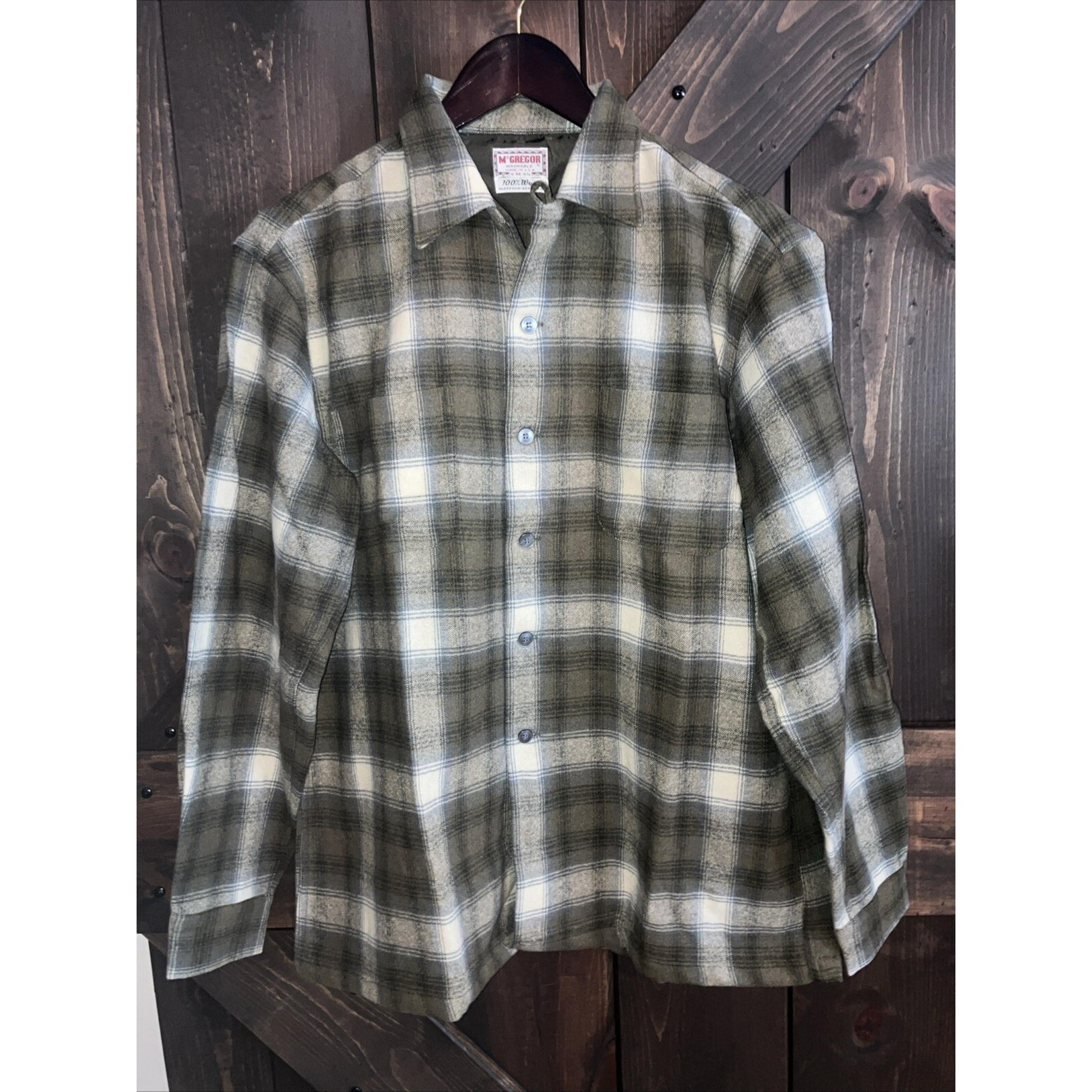 Vintage 1950s McGregor Green Plaid Wool Flannel Shirt Loop Collar Mens M BNWT
