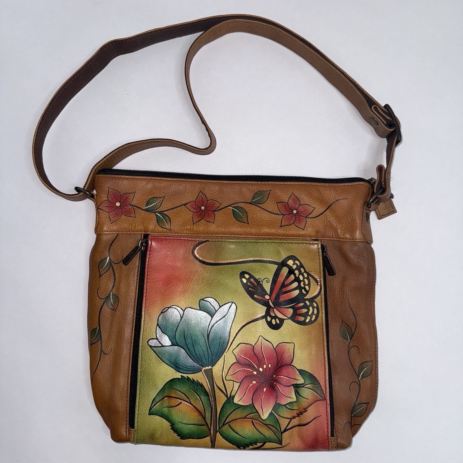 Anuschka Women’s Genuine Leather Hand Painted Crossbody Satchel Butterfly Floral