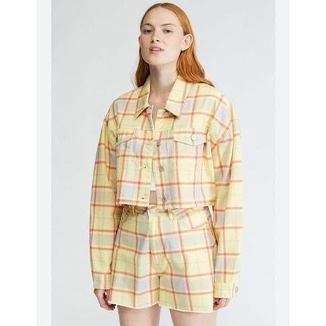 WE WORE WHAT PLAID CROPPED DENIM JACKET AND HIGH RISE SHORTS, 100% COTTON,MEDIUM