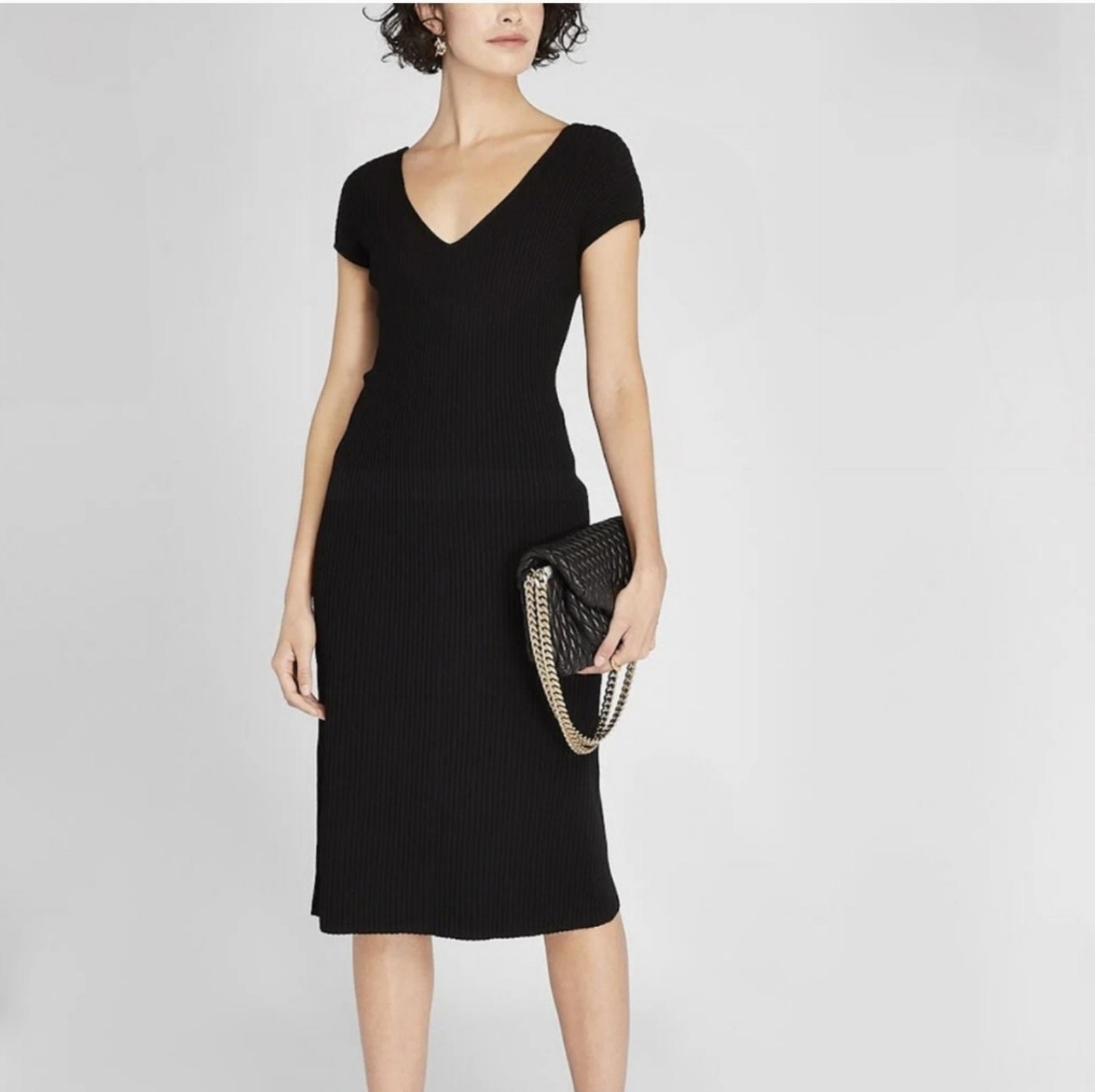 Club Monaco Womens Large Black Midi Sweater Dress Deep V Front and Back