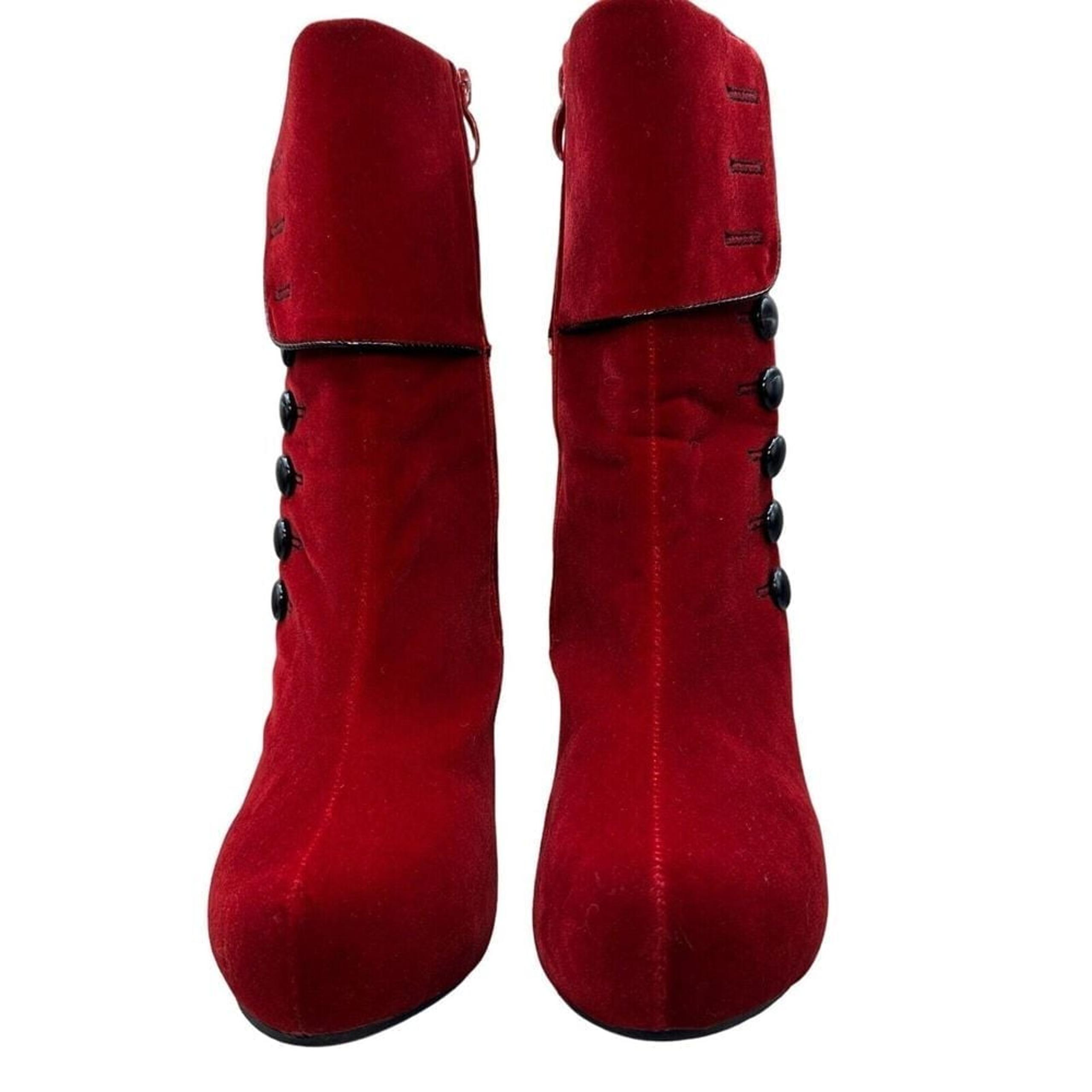 Red Velvet Button-Up Ankle Boots With Fold-Over Design & Stiletto Heels Size 39
