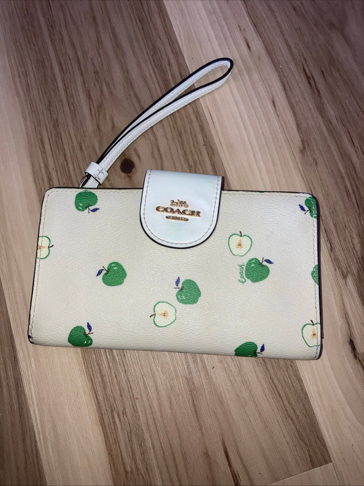 Coach Womens Wristlet Wallet Purse Corner White Green Apple Print