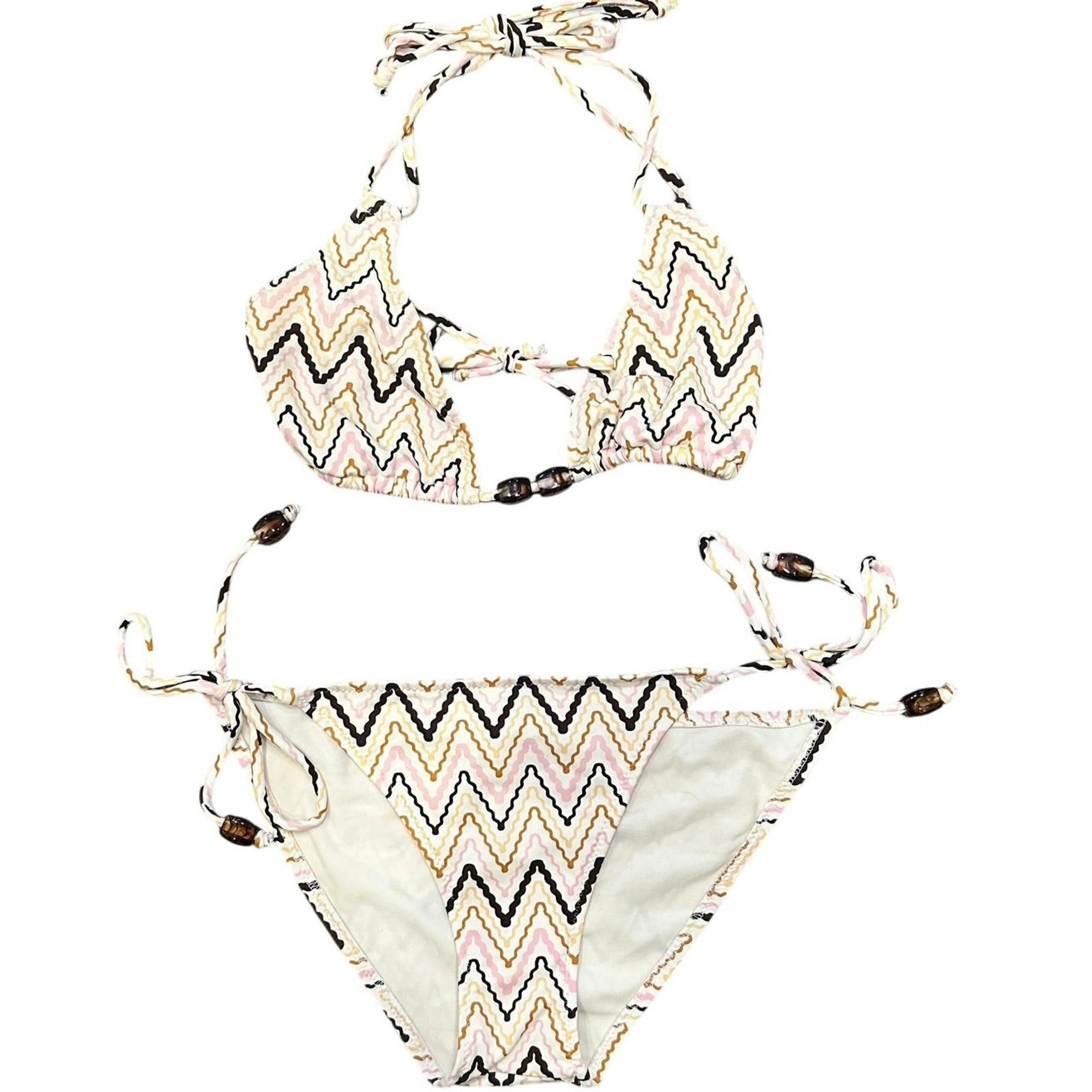 Eberjey Pastel Pink, Brown & Orange Chevron Zig-Zag Striped Beaded String Bikini