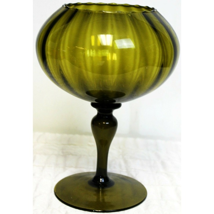 Vtg MCM Empoli Art Glass Footed Bowl Compote Ribbed Green Vase Optic