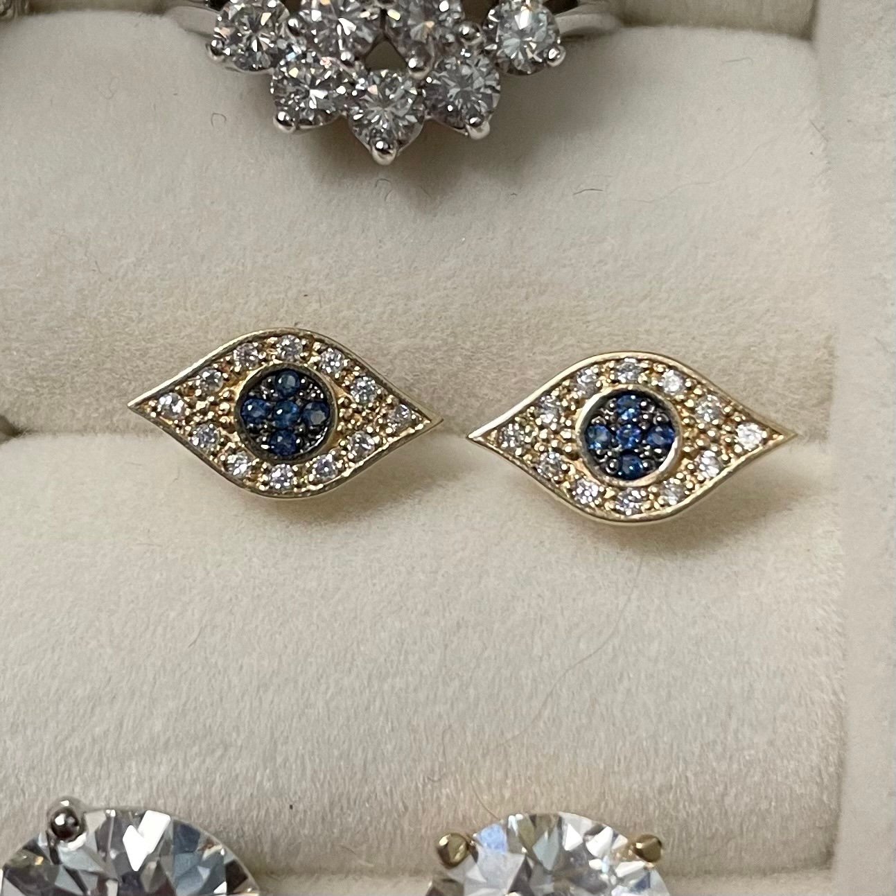 14k Solid Yellow Gold 1/2 inch Evil Eye Diamond Blue Sapphire (?) Stud Earrings