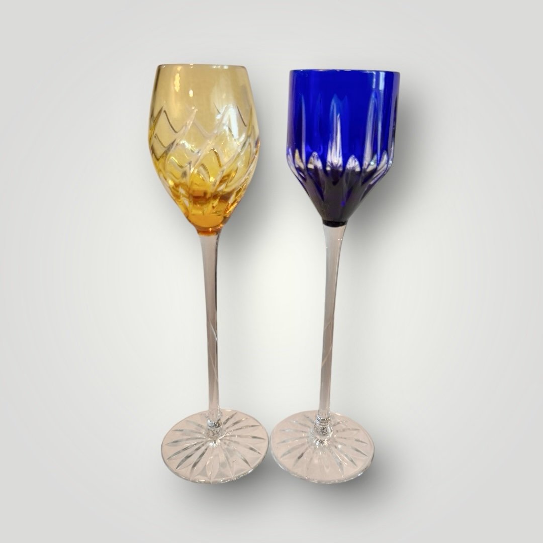 2 AJKA Castile Albinka (1 Blue & 1 Yellow) Crystal Cordial Glasses 7 1/4