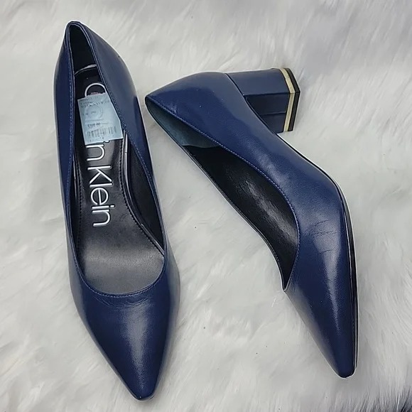 Like NeW Calvin Klein Blue Leather with Gold Detail Block Heels Size 10