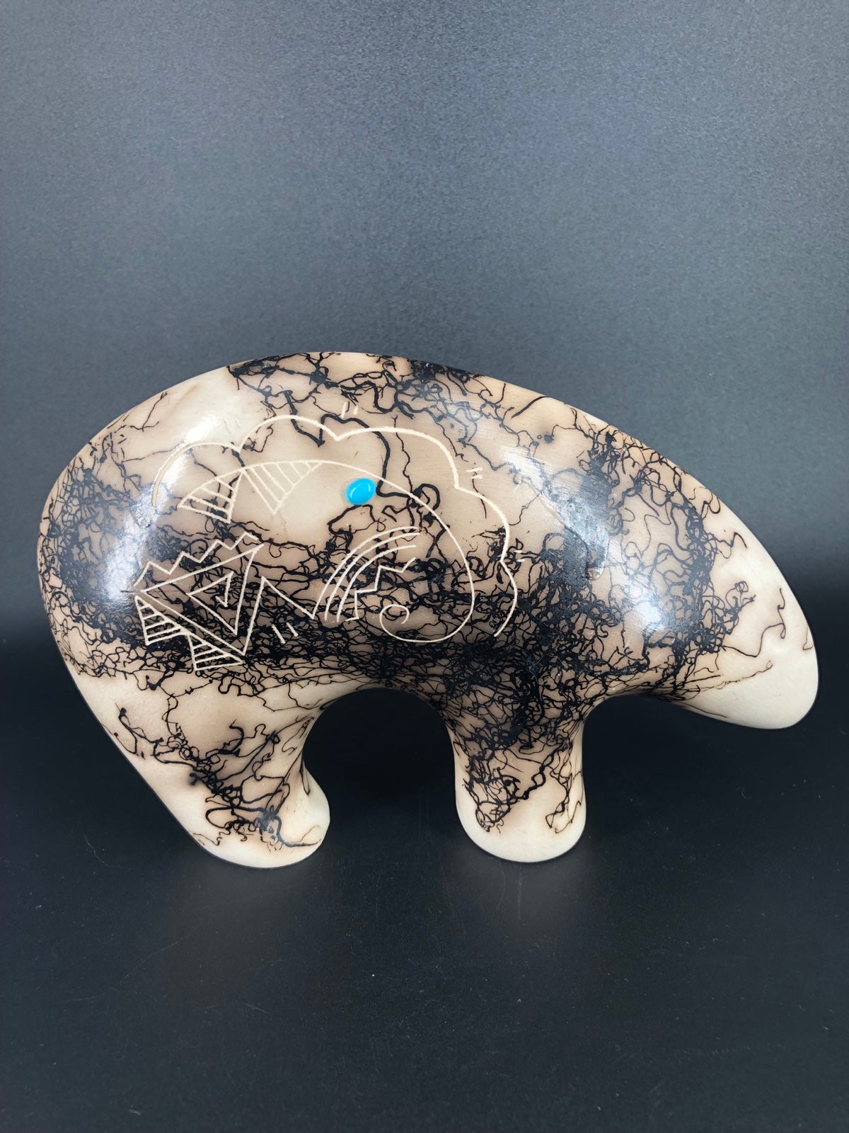 Vintage Navajo Pottery Etched Horsehair Spirit Bear Turquoise Signed T. Vail