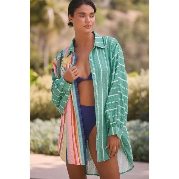 By Anthropologie Long Sleeve Printed Shirt Green Motif Size Medium