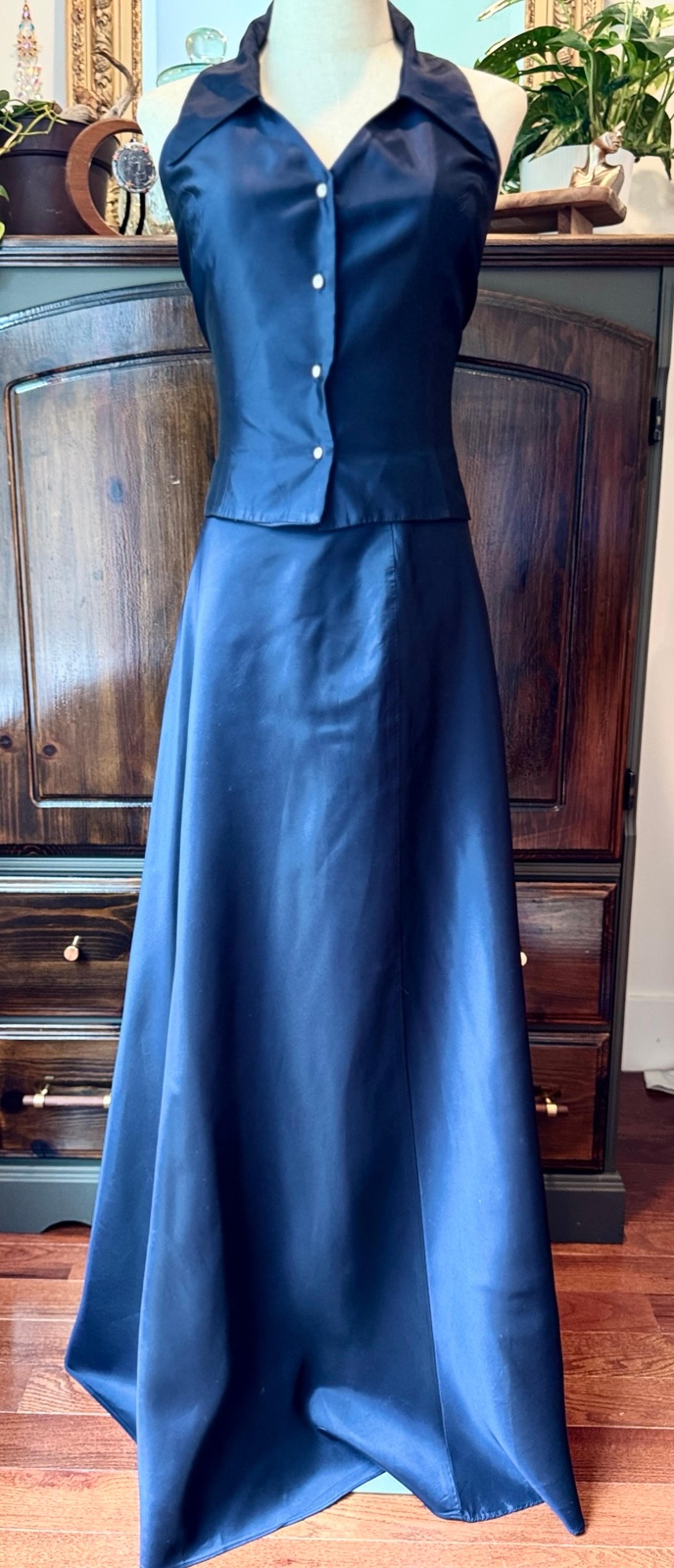 Sz 12 Michaelangelo Vintage 2 Pieces Gown Shimmer Navy Blue Halter Corset Boned