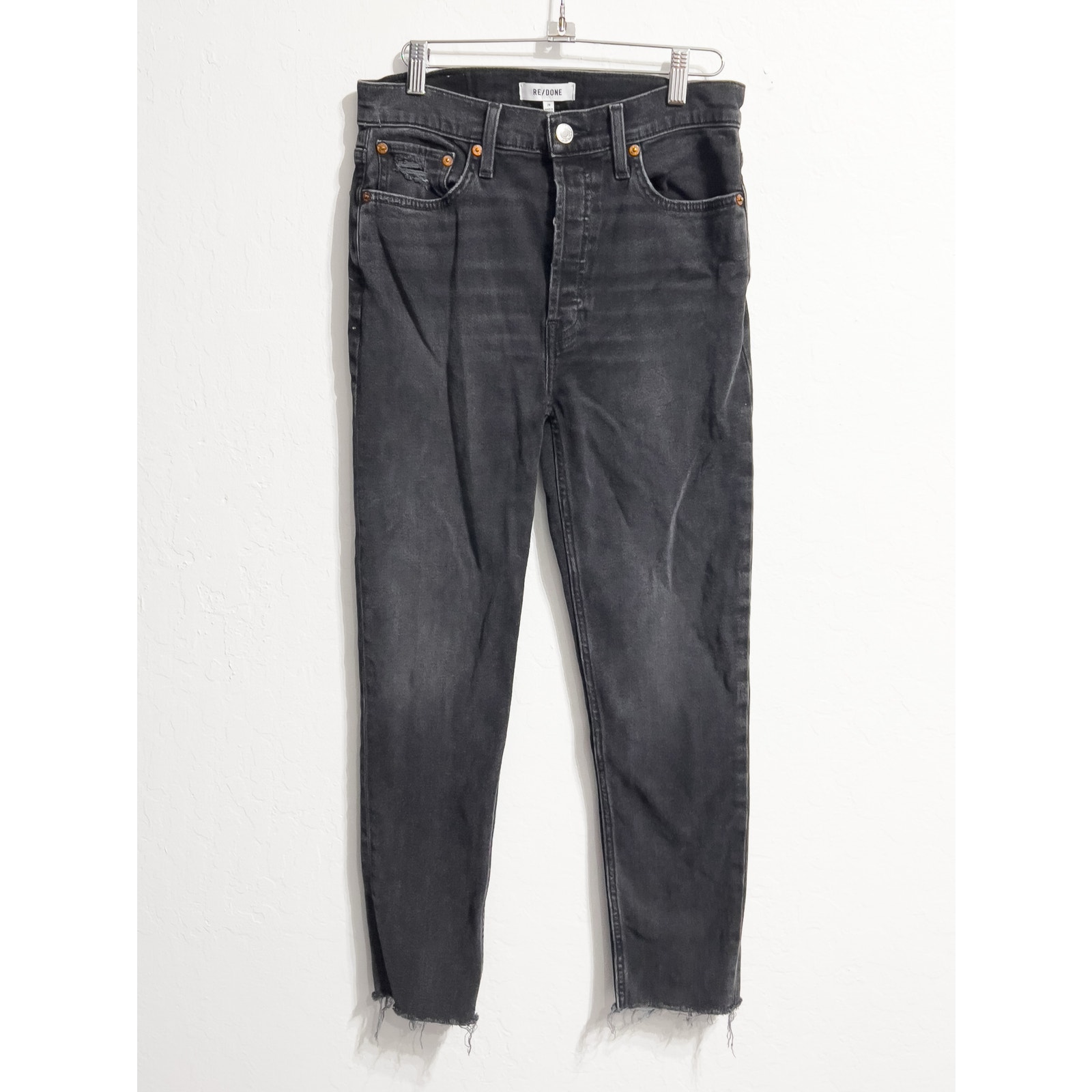 Re/Done Jeans 28 Denim Black Gray Raw Hem Faded Coal Straight Stretch Button Fly