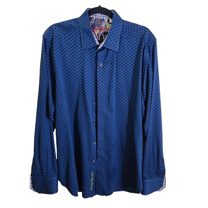 Robert Graham Limited Edition Delvin Blue Check Flip Contrast Sleeve Size L