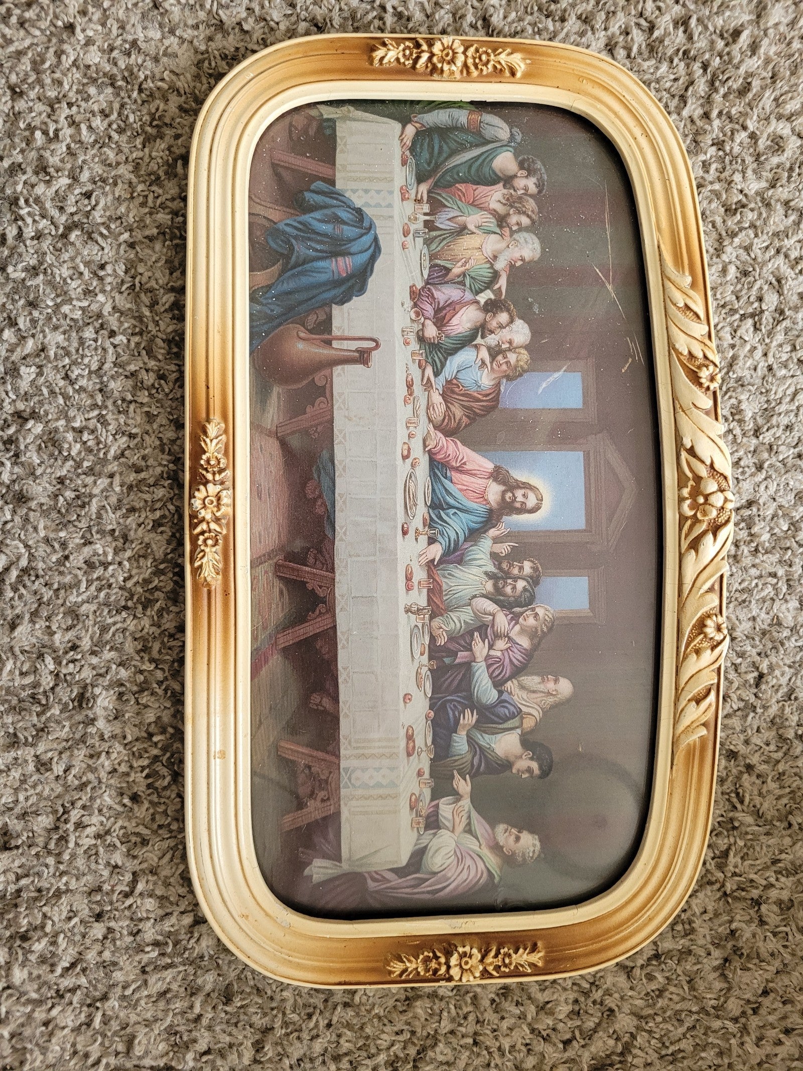 Antique vintage victorian style gesso flat glass last supper