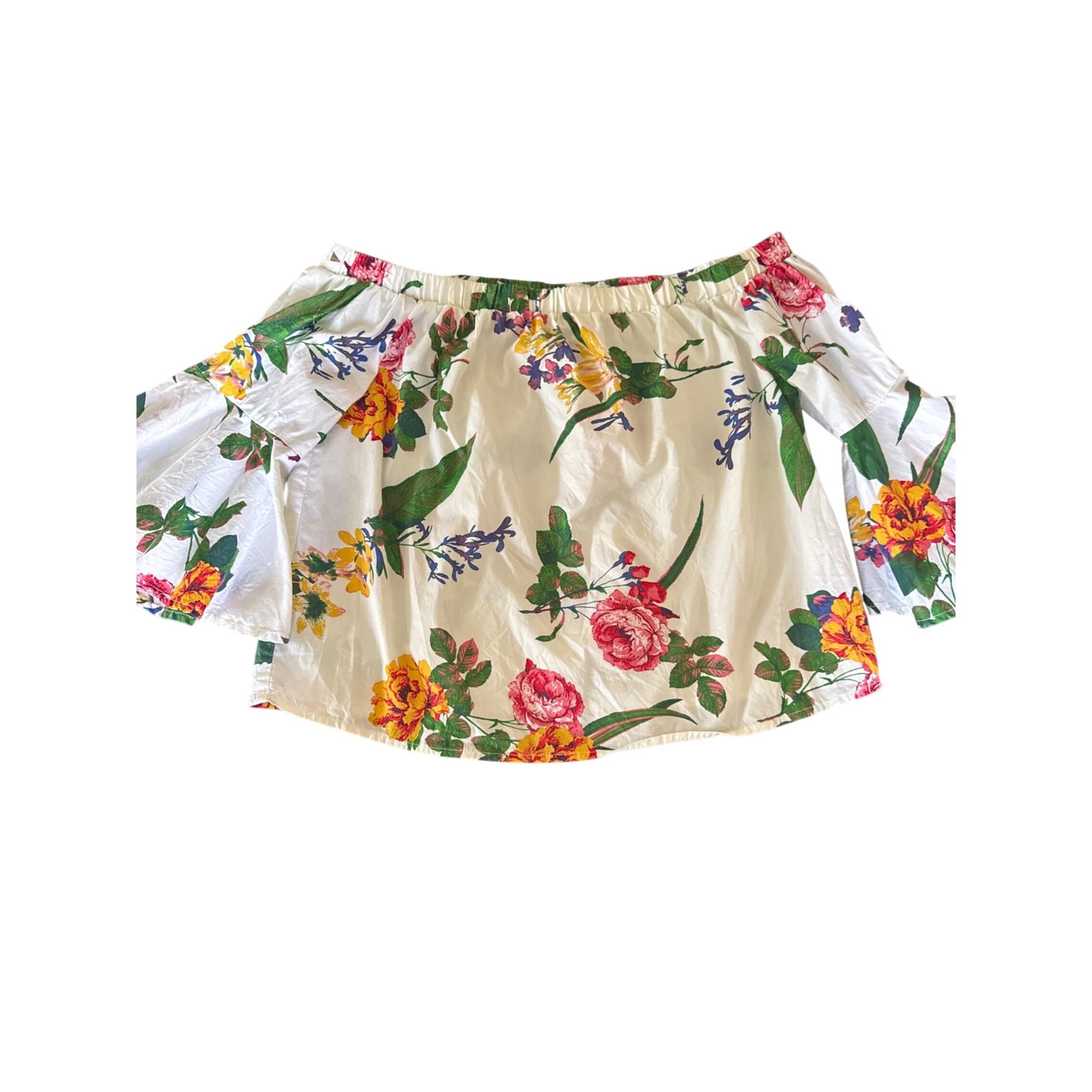 Flying Tomato White Off The Shoulder Flare Sleeve Blouse Top Floral size Small