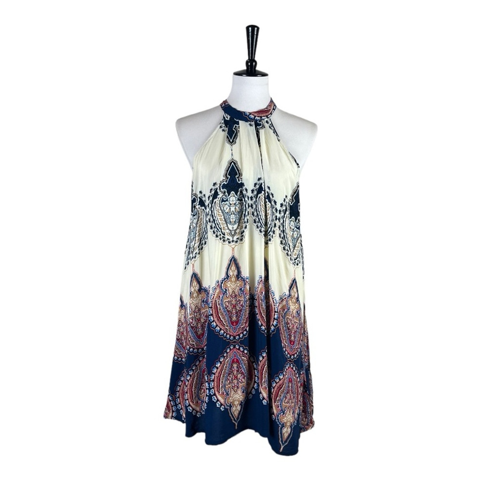 Jaase Boho Halter Tie Neck Swing Dress Cream Blue Multi Women’s Size Small