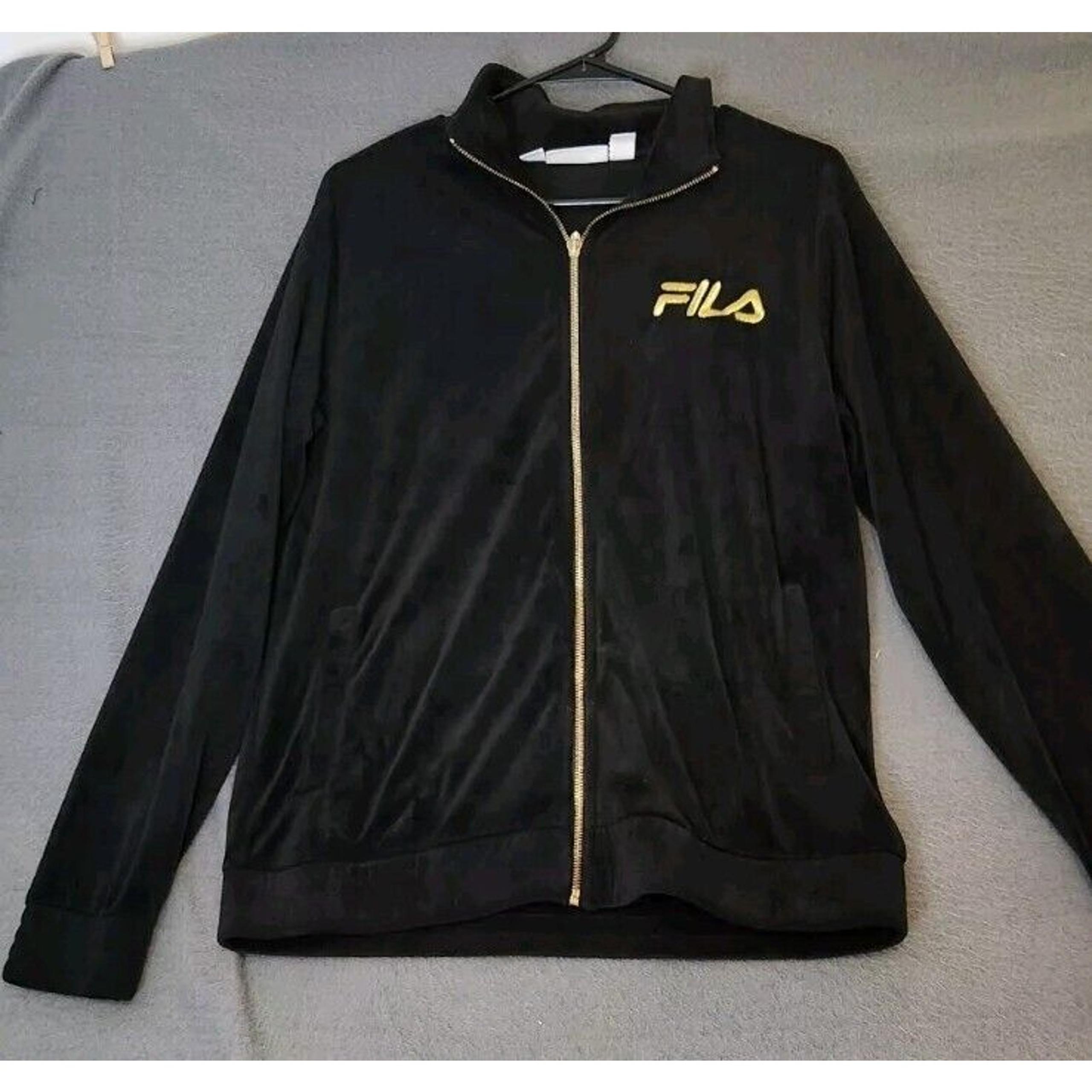 Women's Fila Sport Velvet Black Hoodie Sweater Zip Jacket Cotton Blend Size S