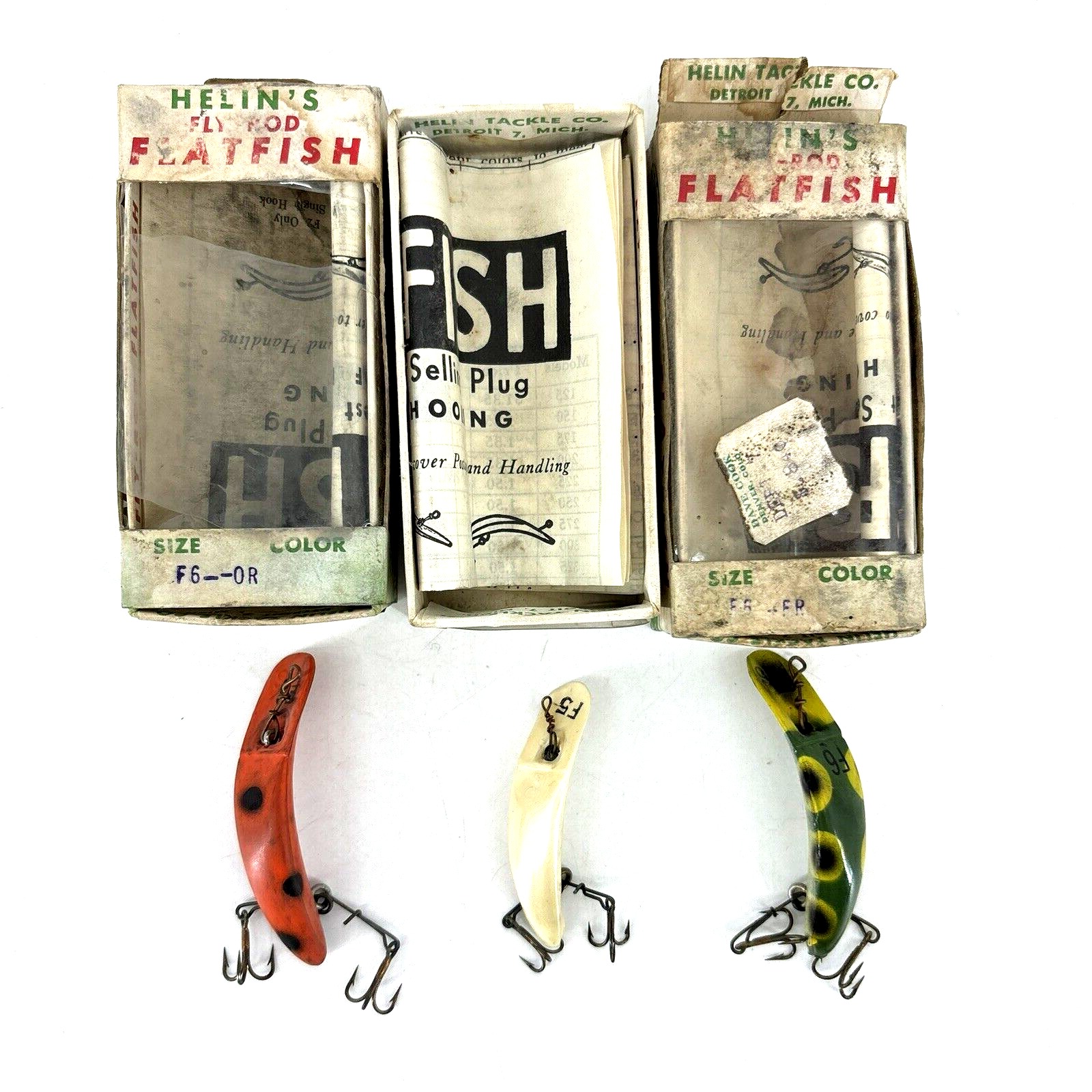 Vintage HELIN Flatfish F5 F6 Lot of 3 Fishing Lures Made in USA w Boxes