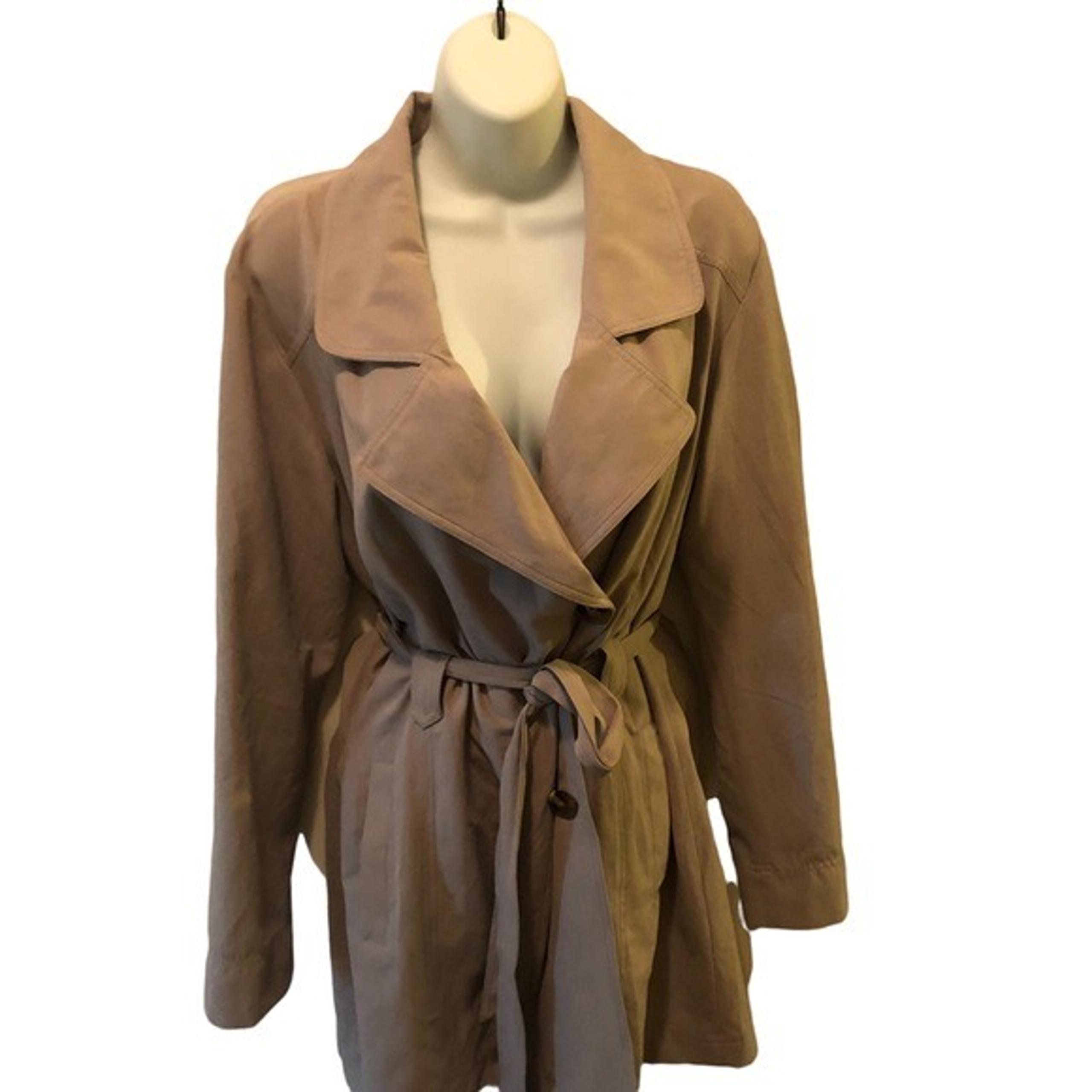 Jack BB Dakota Belted Trench Coat Notched Collar Unlined Sz. L Taupe Suede Feel