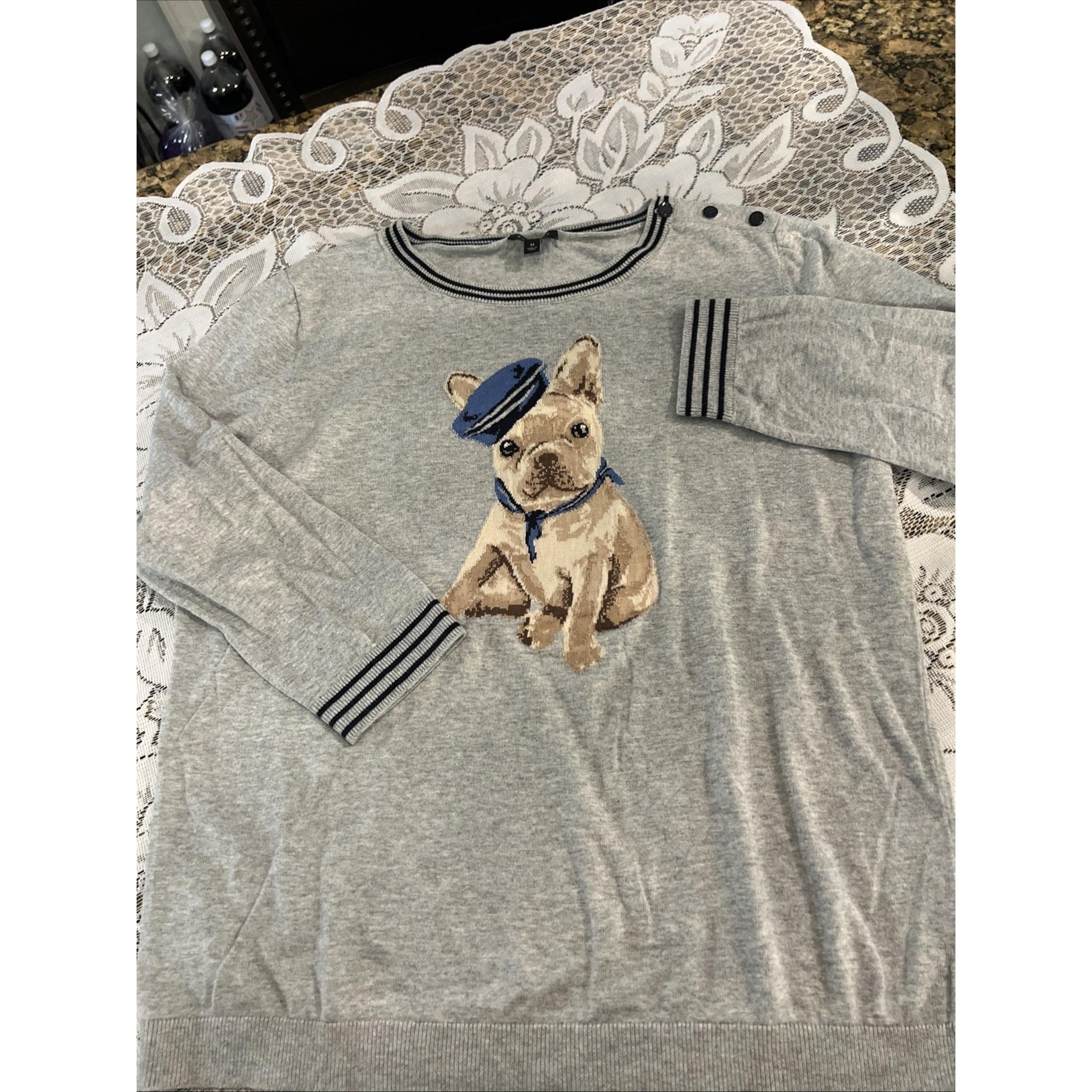 Talbots Pullover Sweater French Bulldog Gray Frenchie Buttons Shoulder Size M