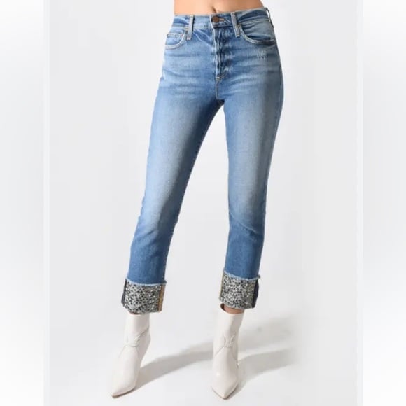 AO.LA by Alice + Olivia High Rise Girlfriend Slim Studded Cuff Jeans 26