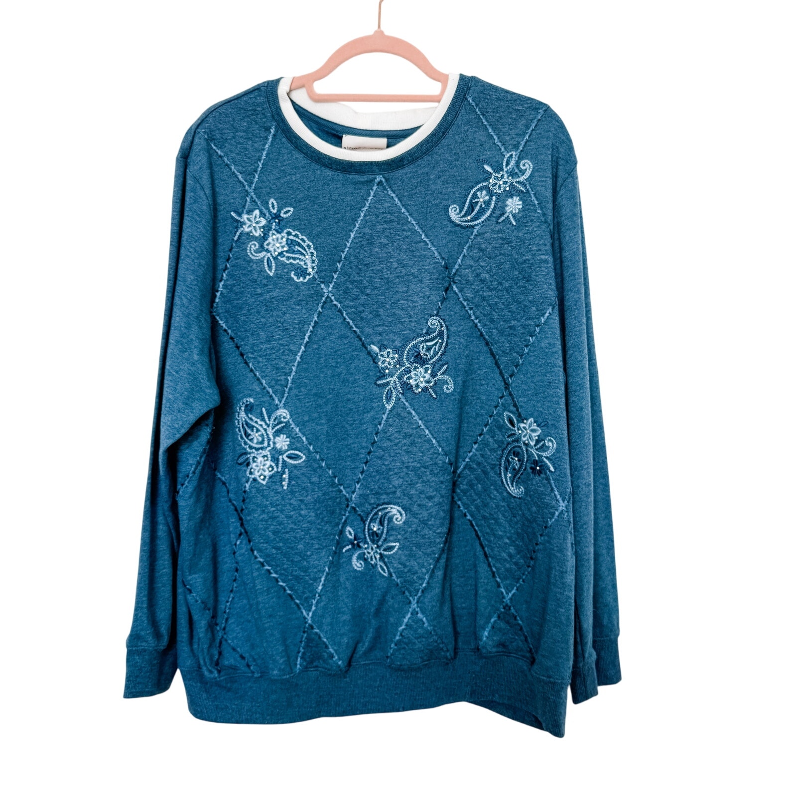 Alfred Dunner Sweater Womens 2X Blue Grandmacore Embroidered Floral Granny Chic