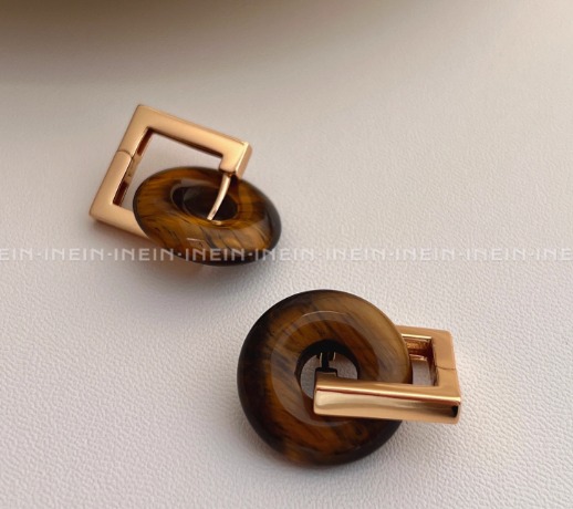 French style natural tiger's eye stone square round S925 sterling silver