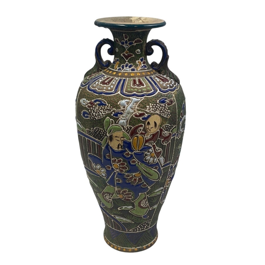 Vintage Ceramic Asian Couple Painted Mosaic Double Handle Crack Repair Vase