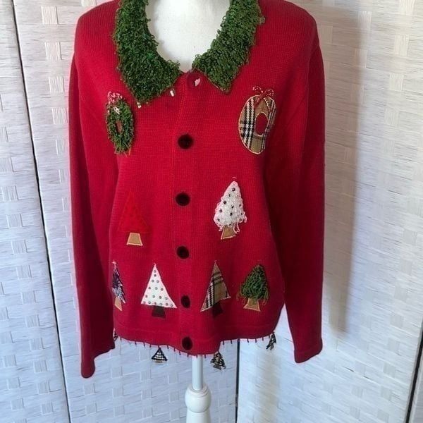 Vintage Berek 2 Red Christmas Sweater Takako Sakon Button Front Size Large