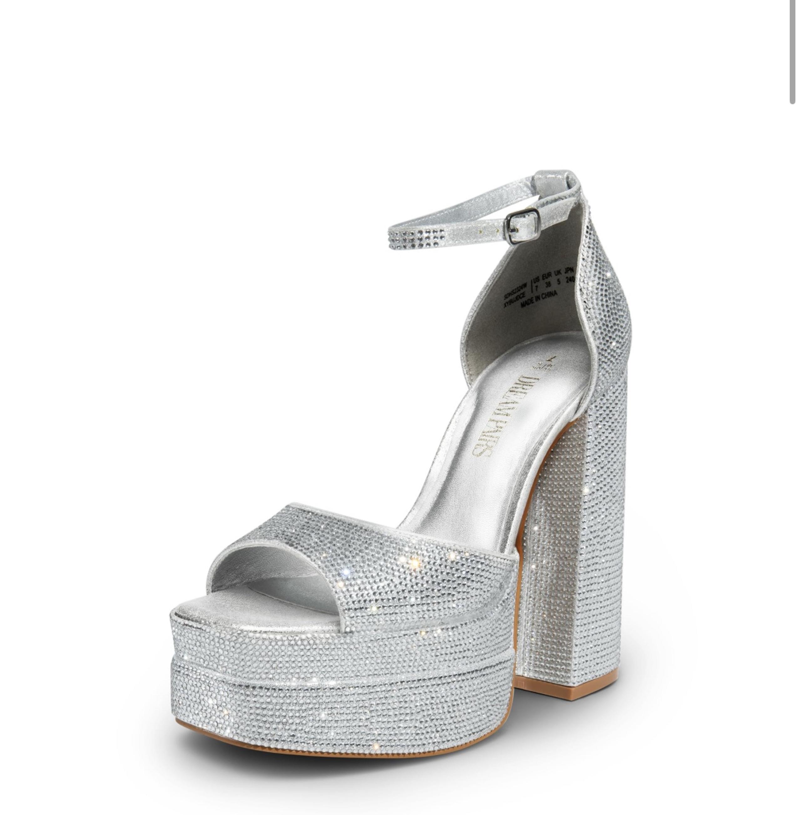 Women’s Size 7.5 Rhinestone Silver Metallic Platform Block Heels
