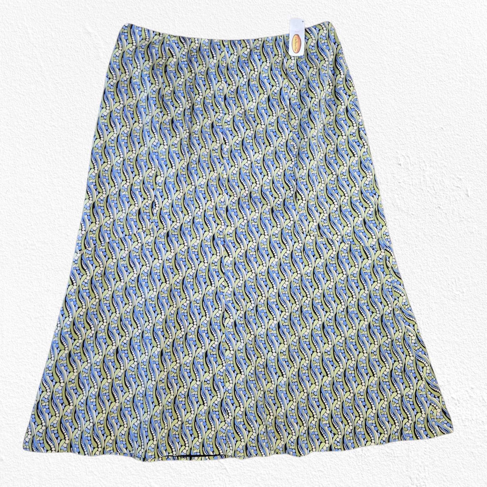 Y2K Talbots Blue Green Silk Blend Retro Mod Print A-Line Midi Skirt Size 10