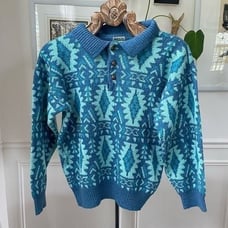 Vintage Quark Sweater Southwestern Blanket Turquoise Aqua Blue Polo Long Sleeve