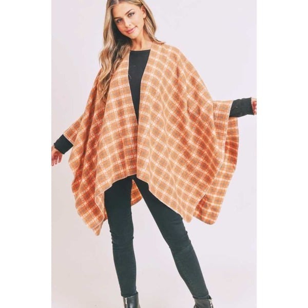 Plaid Pattern Fashion Ruana Cardigan - Orange