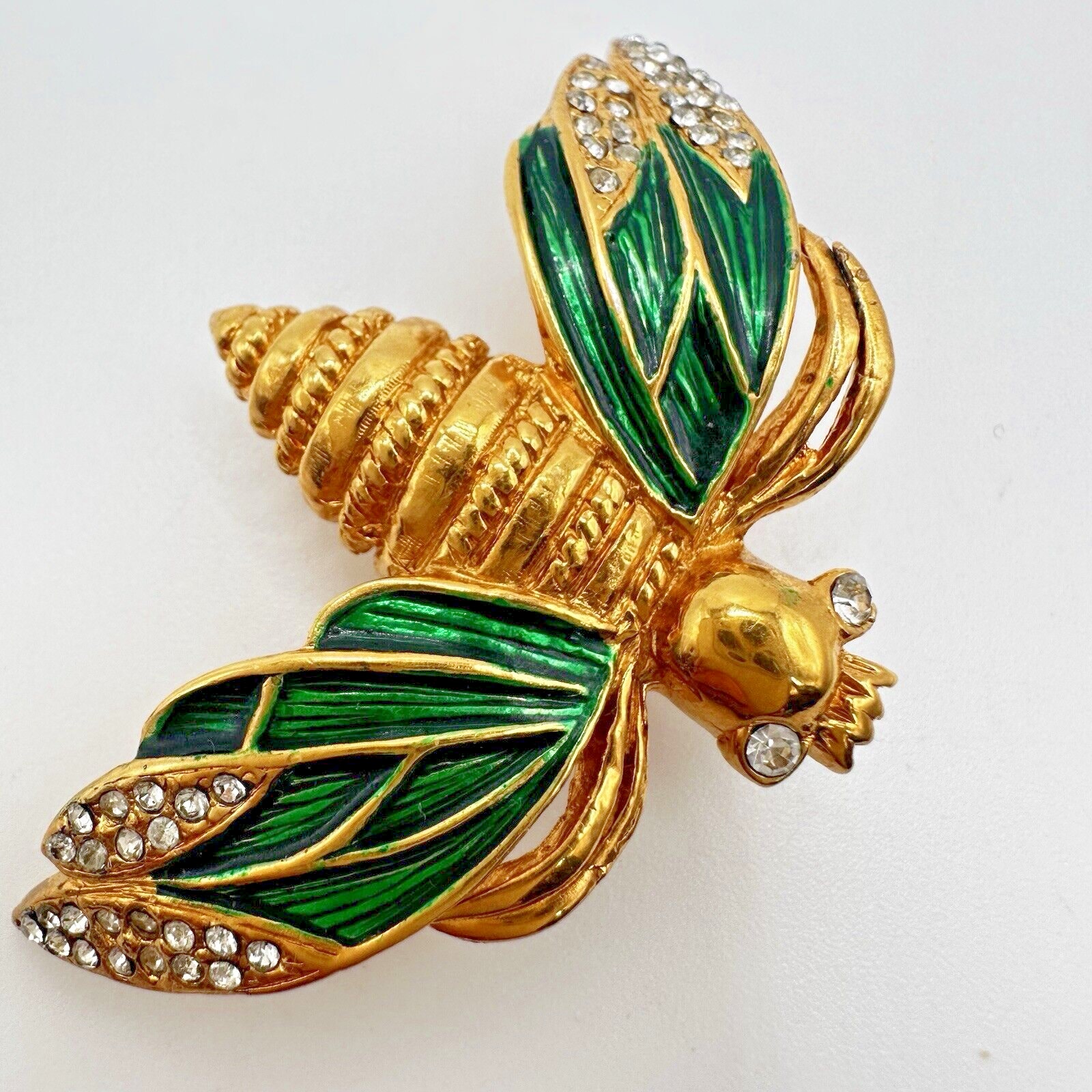 French Designer CARVEN Gold Tone Green Enamel Bee Brooch Pin Modele Depose #1282