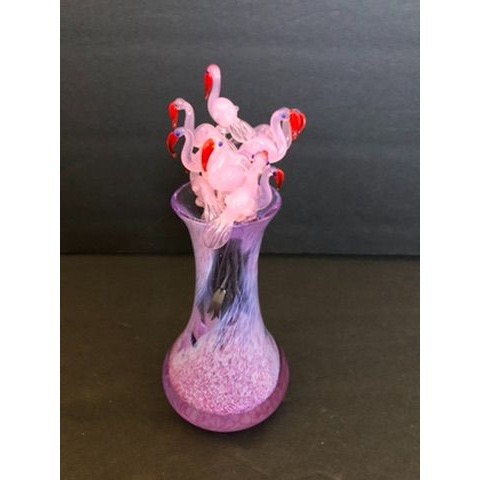 VINTAGE Glass Flamingo appetizer forks x10 in Pink Vase Holder