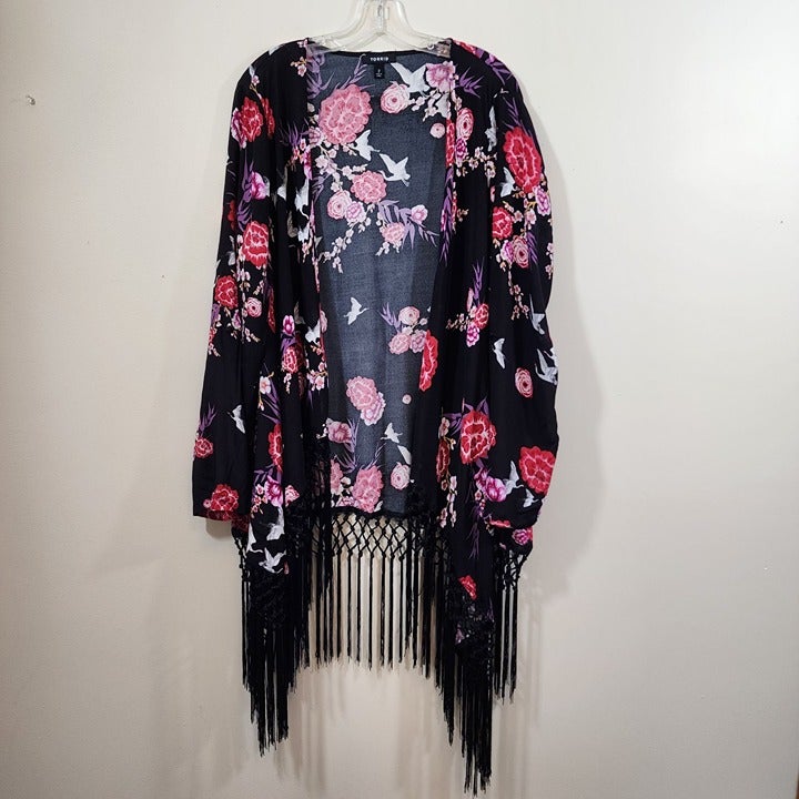 Torrid floral and bird print long sleeve roll tab sleeve kimono with tassel trim