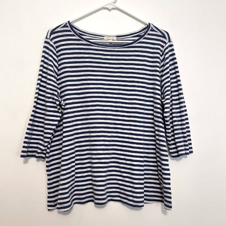 NZT BY NIC+ZOE NIC ZOE 3/4 Sleeve Stripe Boat Tee Blue White Cotton Blend TShirt