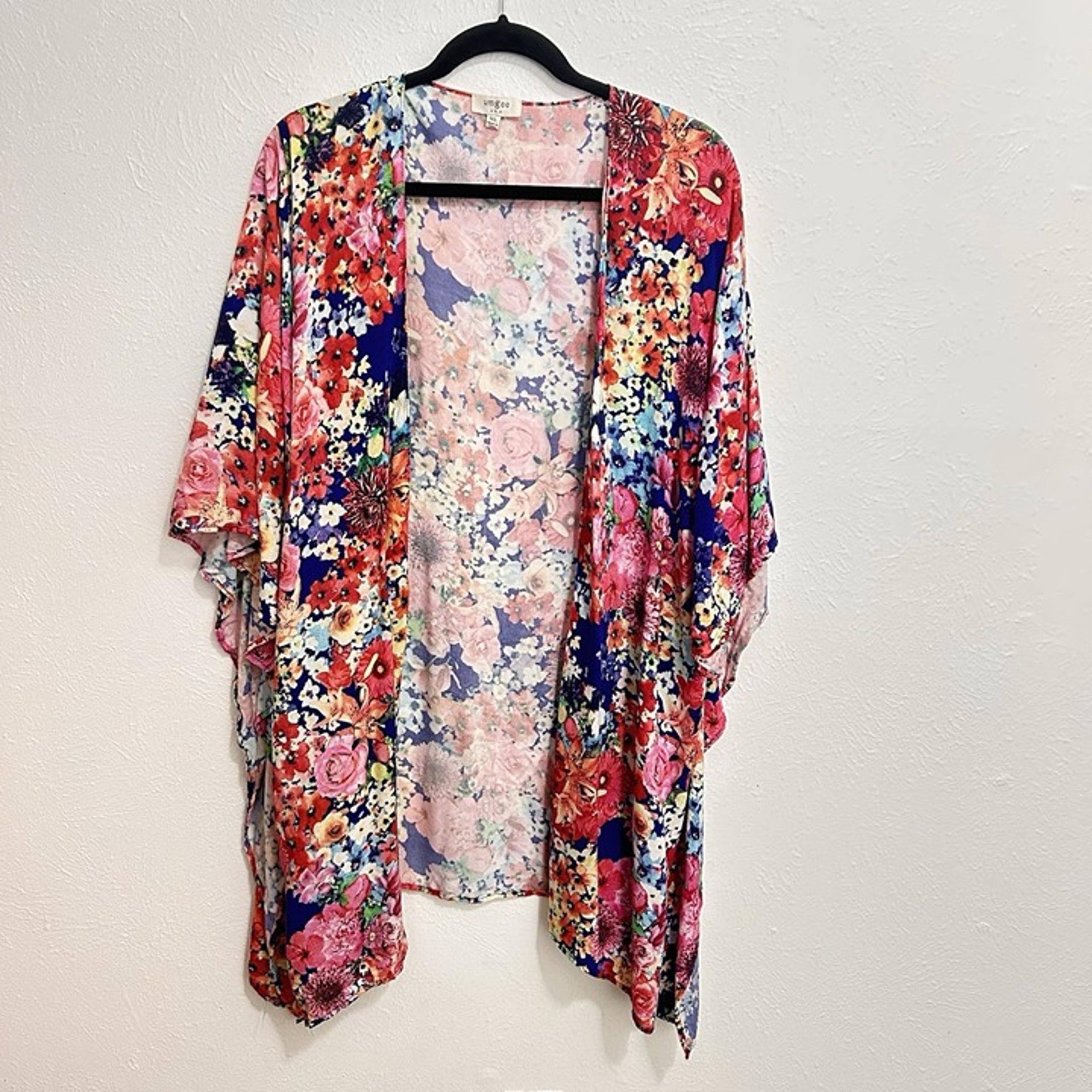 Umgee Pink Floral Kimono Cardigan Cover Up Open Front Multicolor Flowy Size M/L