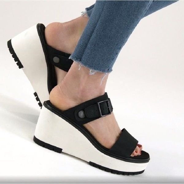 Timberland Koralyn Women's Wedge Leather Sandals in Black Size 10 NEW 130