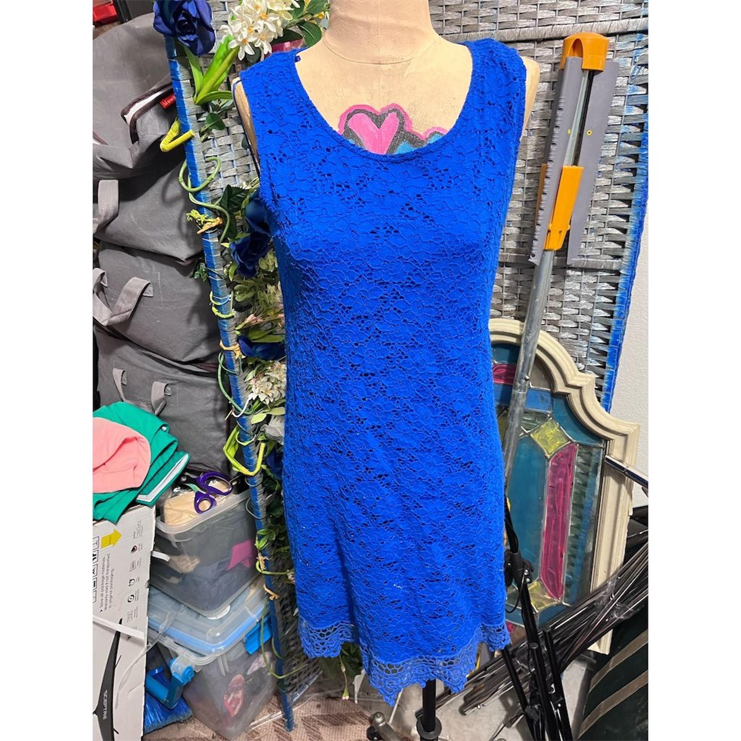 Alfani Women's Petite Blue Lace Overlay Sleeveless A-Line Midi Dress PS
