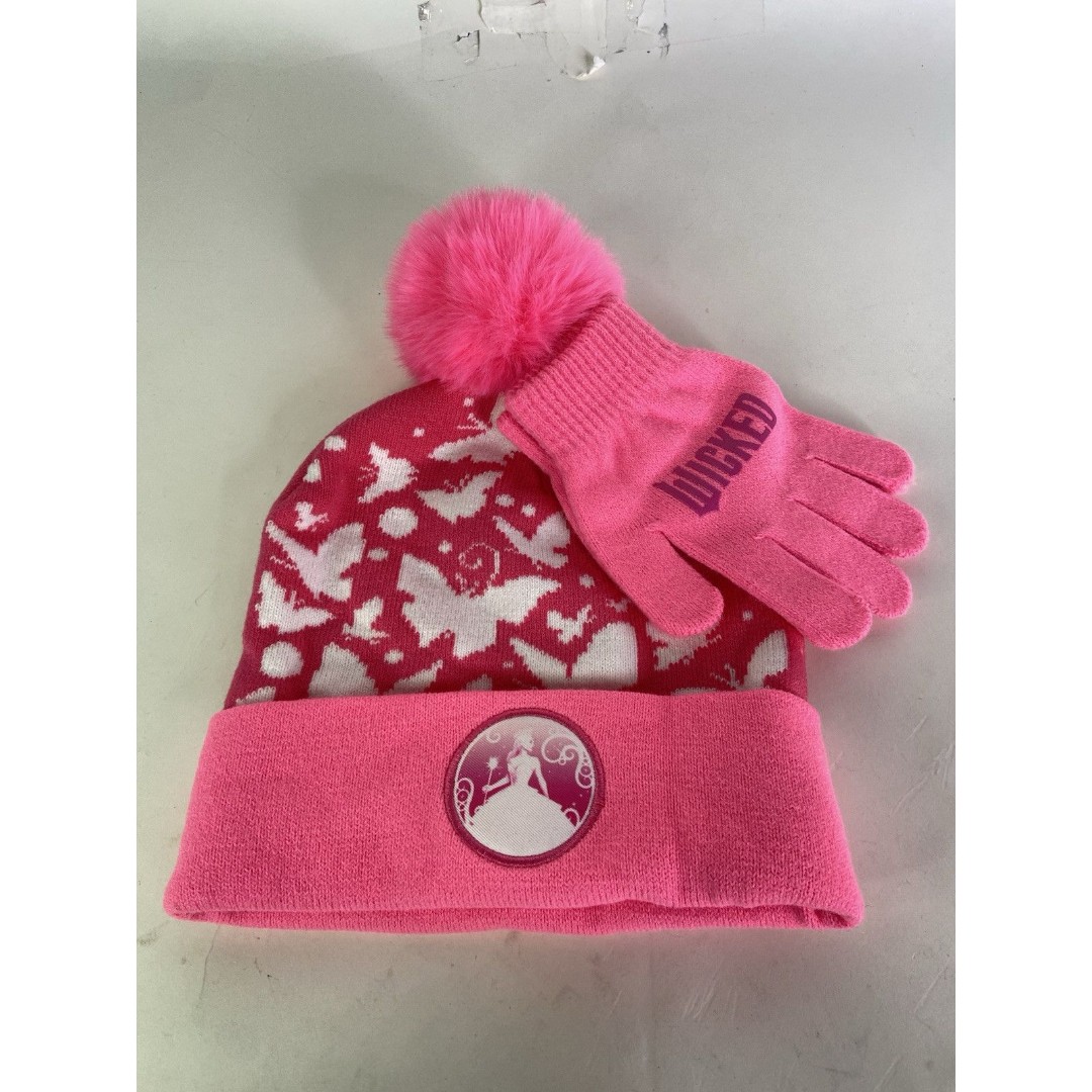 Wicked Glinda The Witch Pink Youth Girls 2 Piece Set Pom Beanie Hat and Gloves