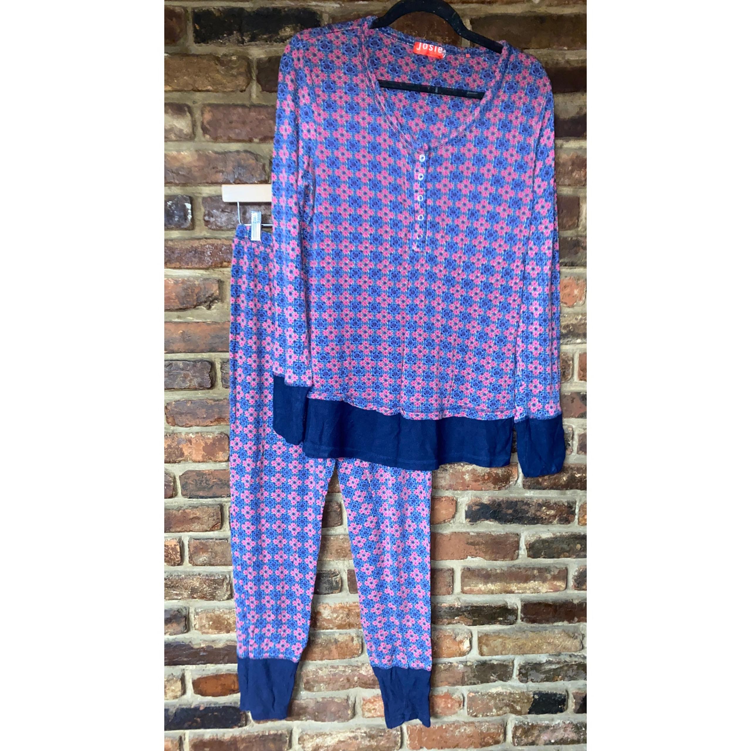 Josie Natori Fireside Floral Henley Pajama Sleepwear Top & Pants Set Size Medium